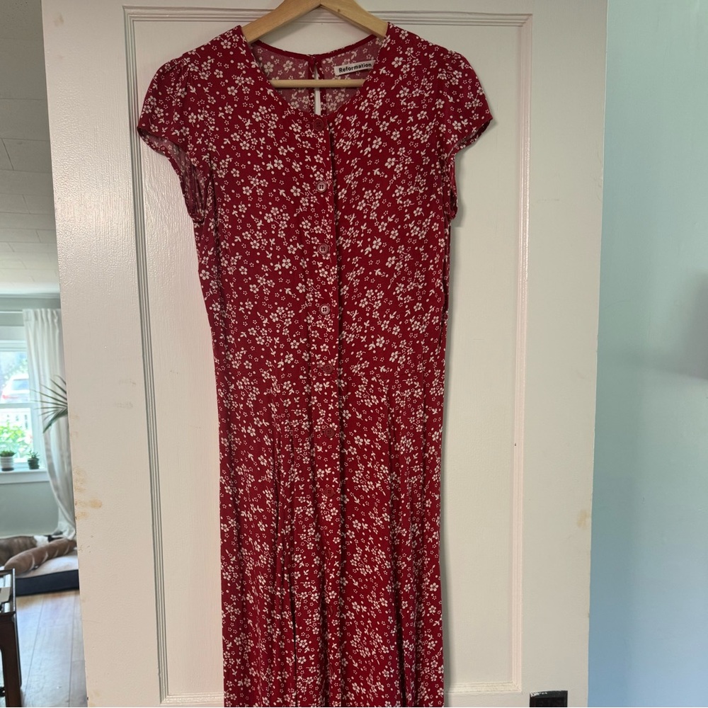 Reformation Floral Red Button Down Dress